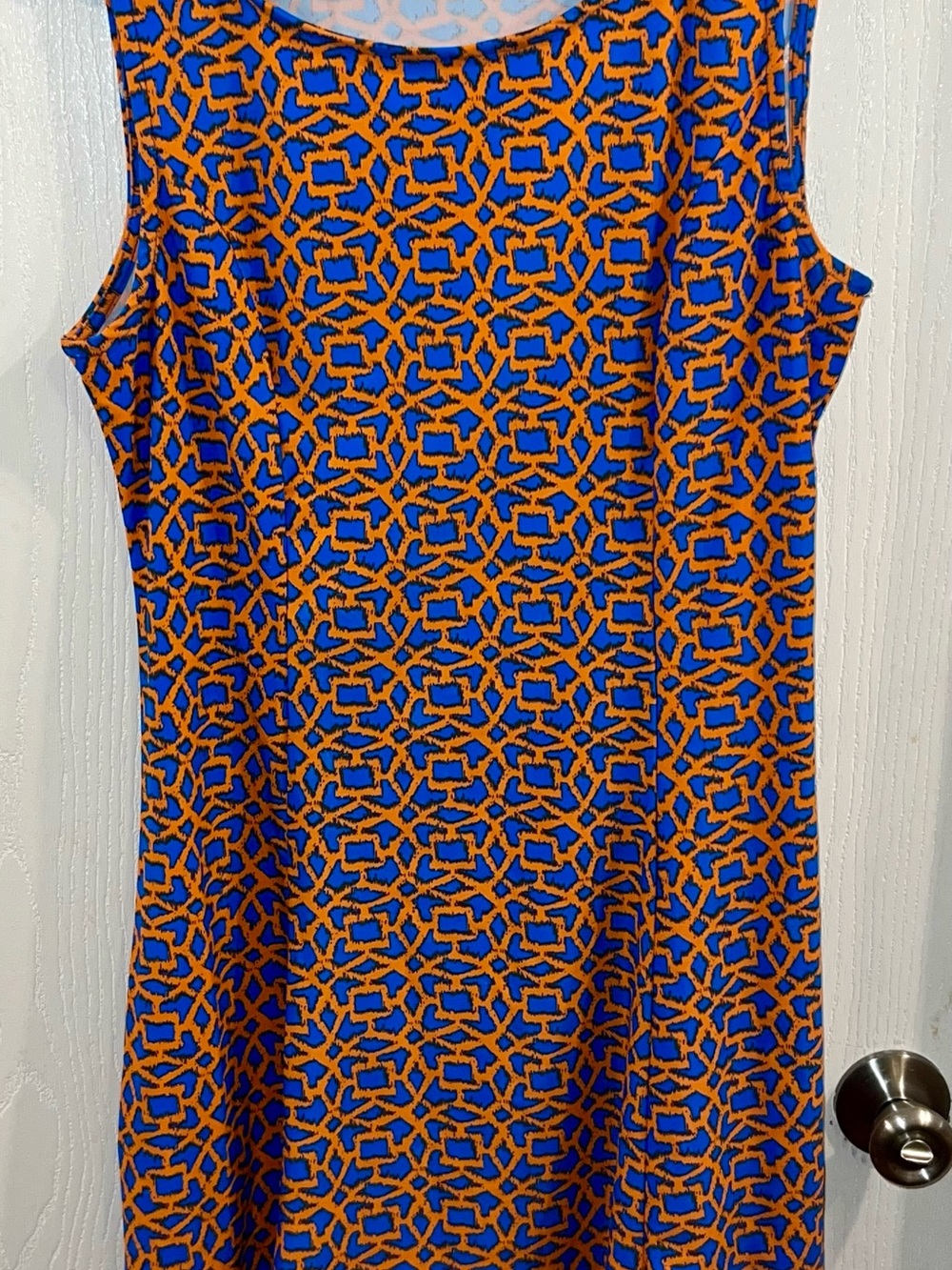 Aryeh Blue Orange Geometric Trellis Shift Dress Sleeveless Stretch Jersey Knit M